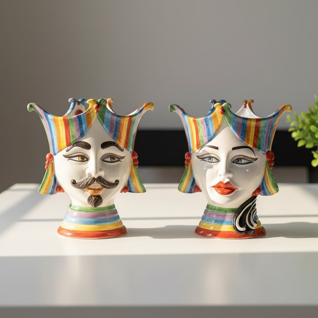 Hand-painted ceramic Teste di Moro with colorful striped crowns, male and female designs for home decor