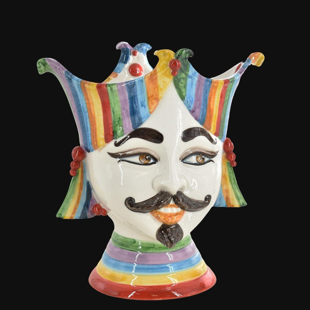 Hand-painted ceramic Testa di Moro with vibrant rainbow stripes, mustache, and jester crown, traditional Sicilian decor