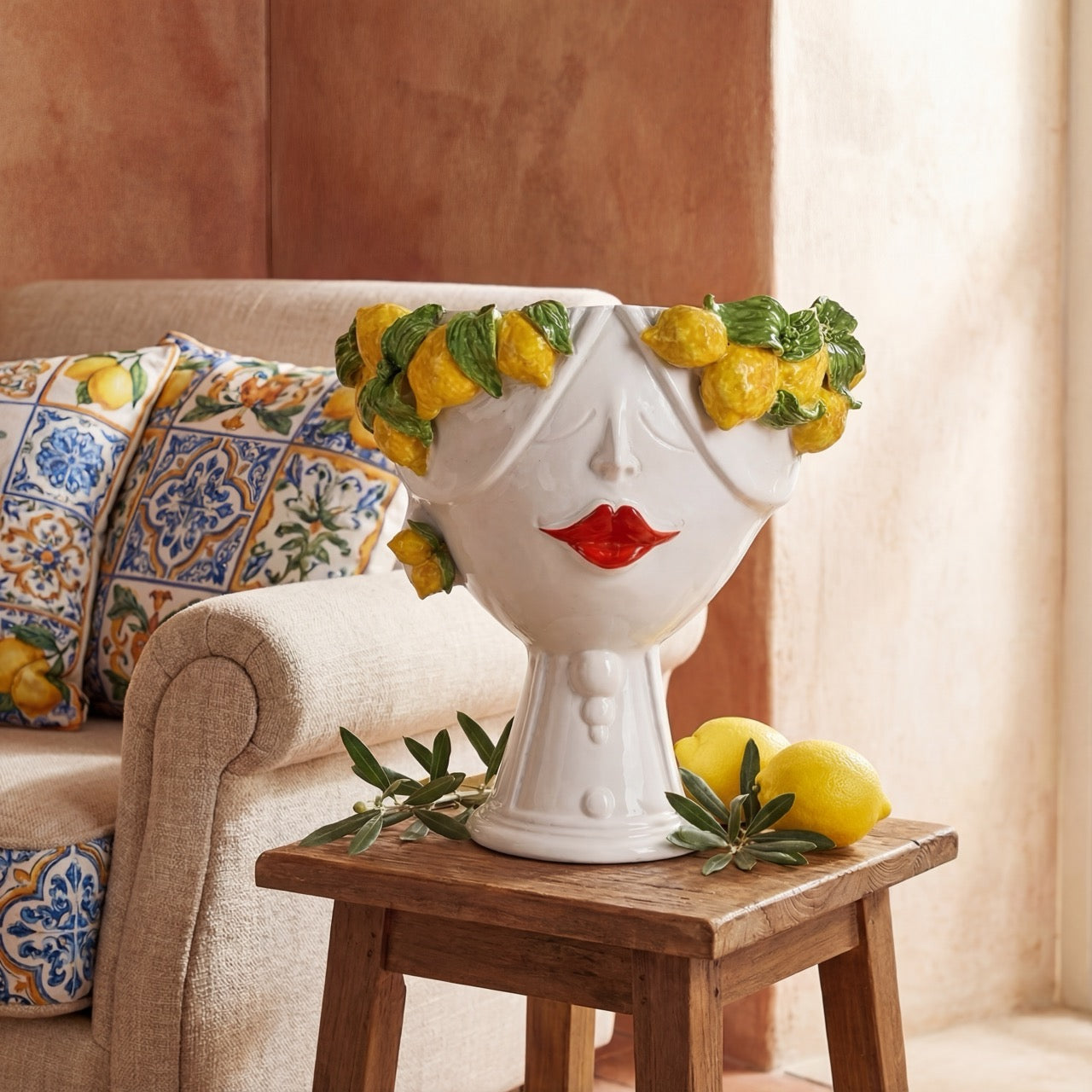 Handmade Teste di Moro vase with lemon crown, red lips, on wooden table beside lemons and olive branches