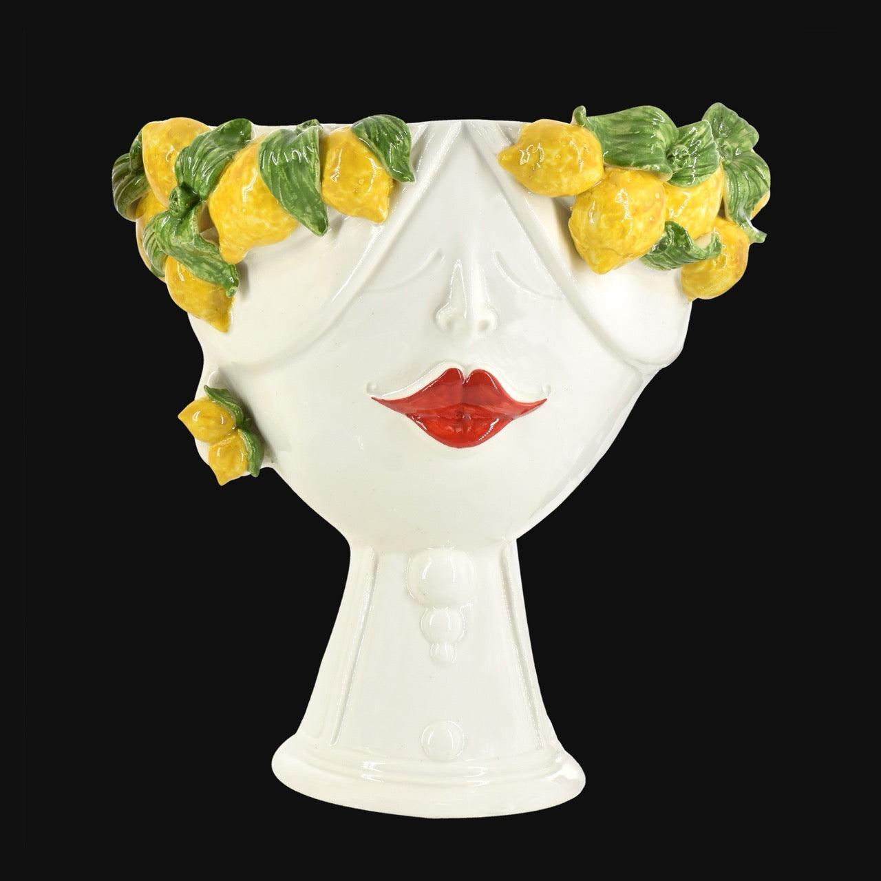 White ceramic Testa di Moro vase with lemon and leaf accents, red lips, modern Sicilian design