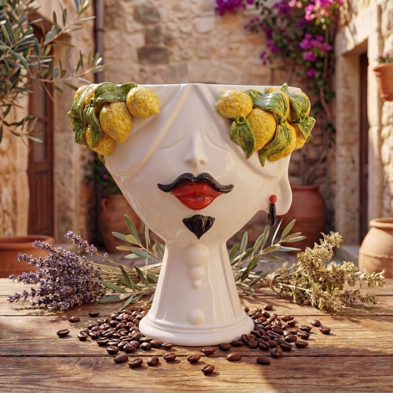 Handmade Teste di Moro vase with lemon-adorned hair, bold lips, and mustache, styled on rustic wood with coffee beans