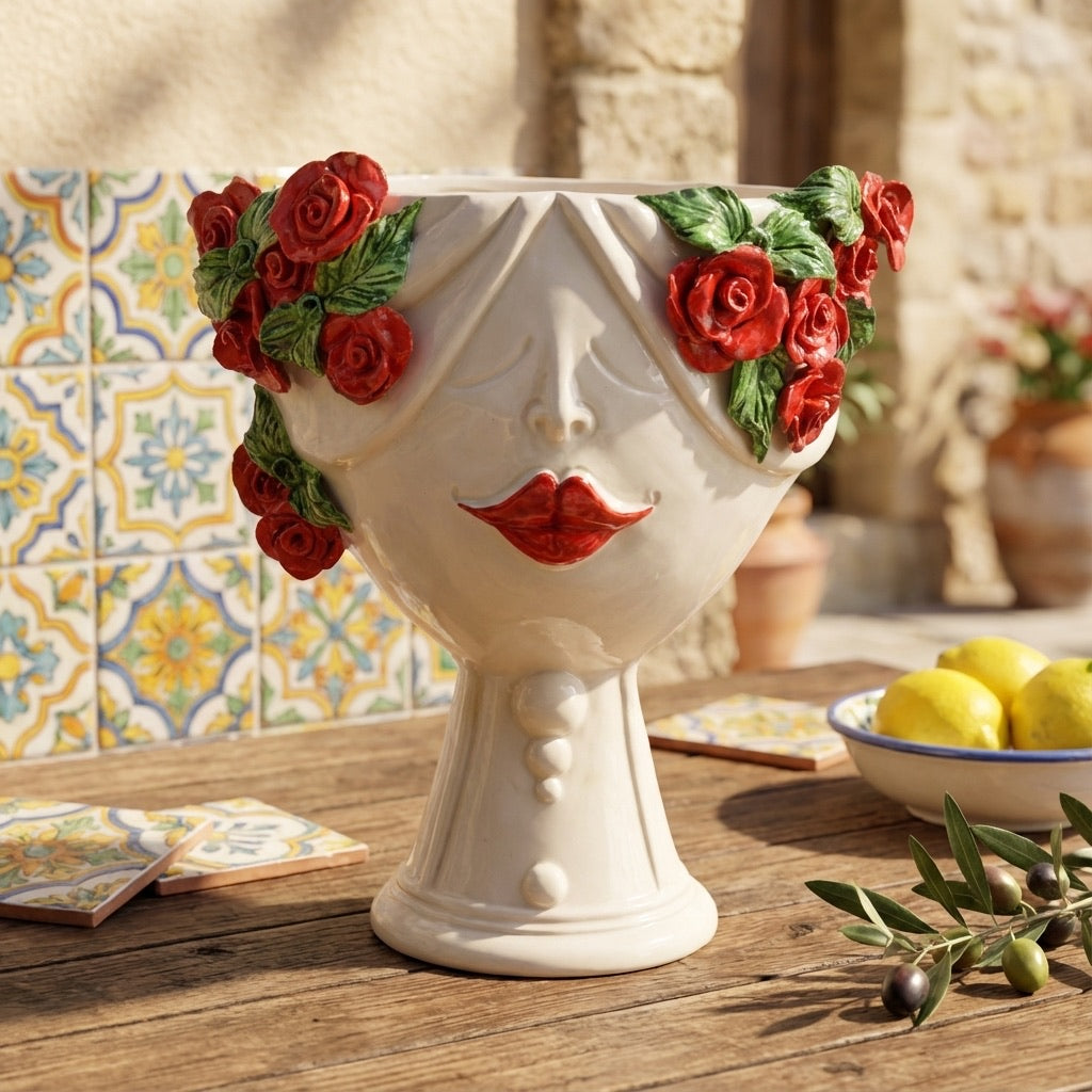 Handmade Teste di Moro planter with red roses, ceramic face, and vibrant Sicilian tiles