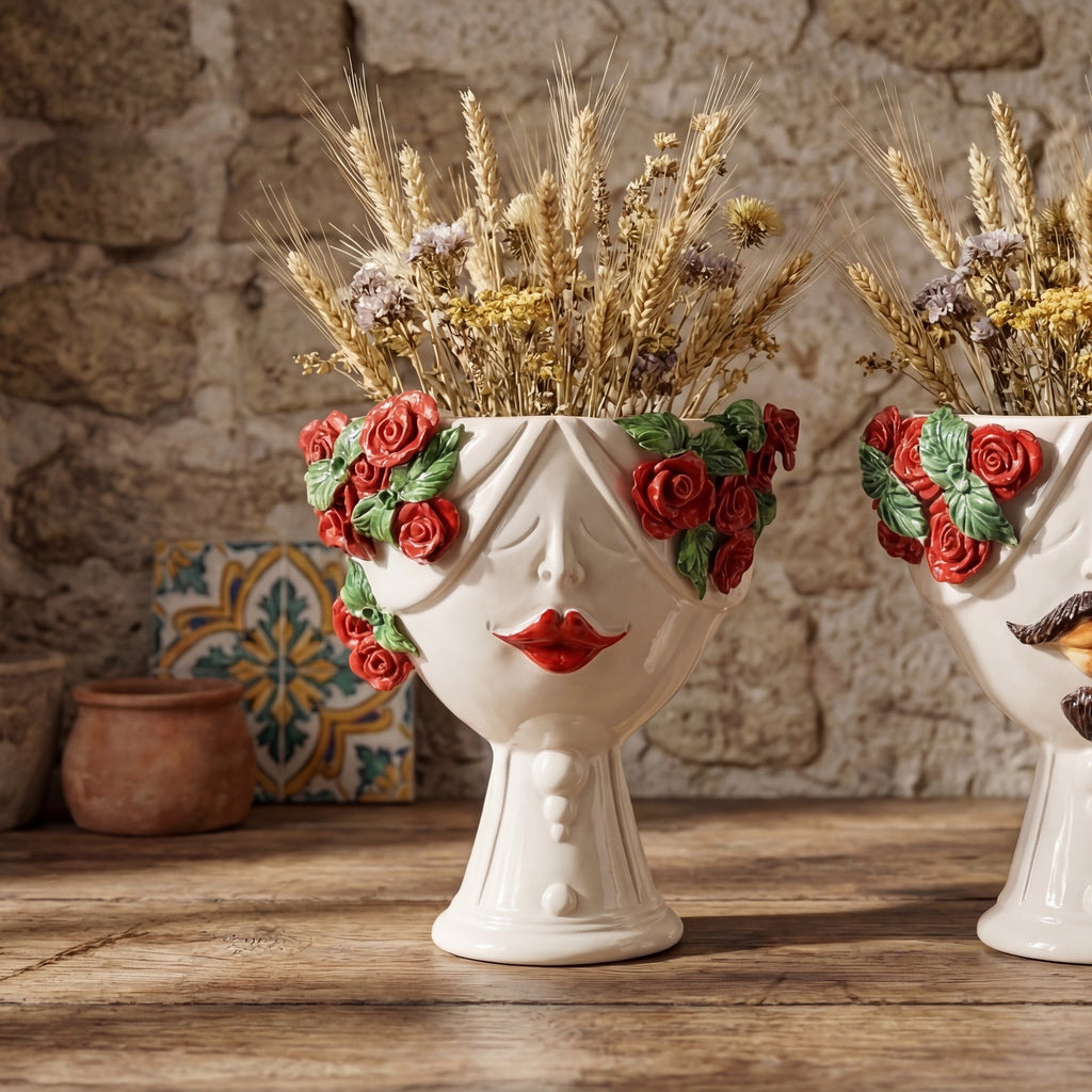Handmade Teste di Moro vase with red roses, holding dried wheat, rustic home decor