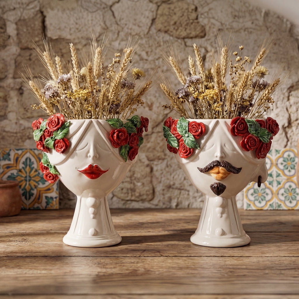 Handmade Teste di Moro vases with red roses, mustache & lips, holding dried wheat, rustic decor