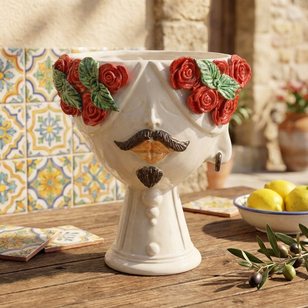 Handcrafted Teste di Moro planter with red roses, mustache, and beard, set on rustic table with Sicilian tiles