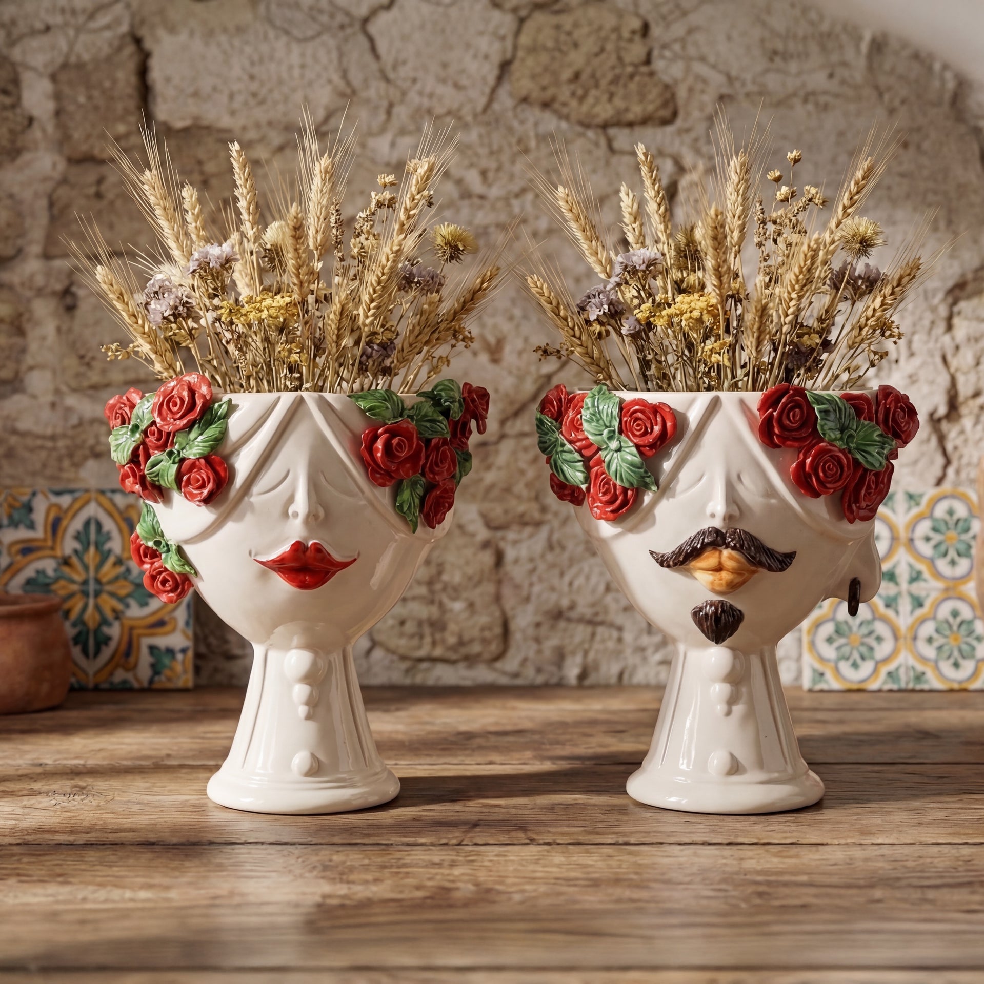 Handmade Teste di Moro vases with red roses, mustache & lips, holding dried wheat, rustic decor