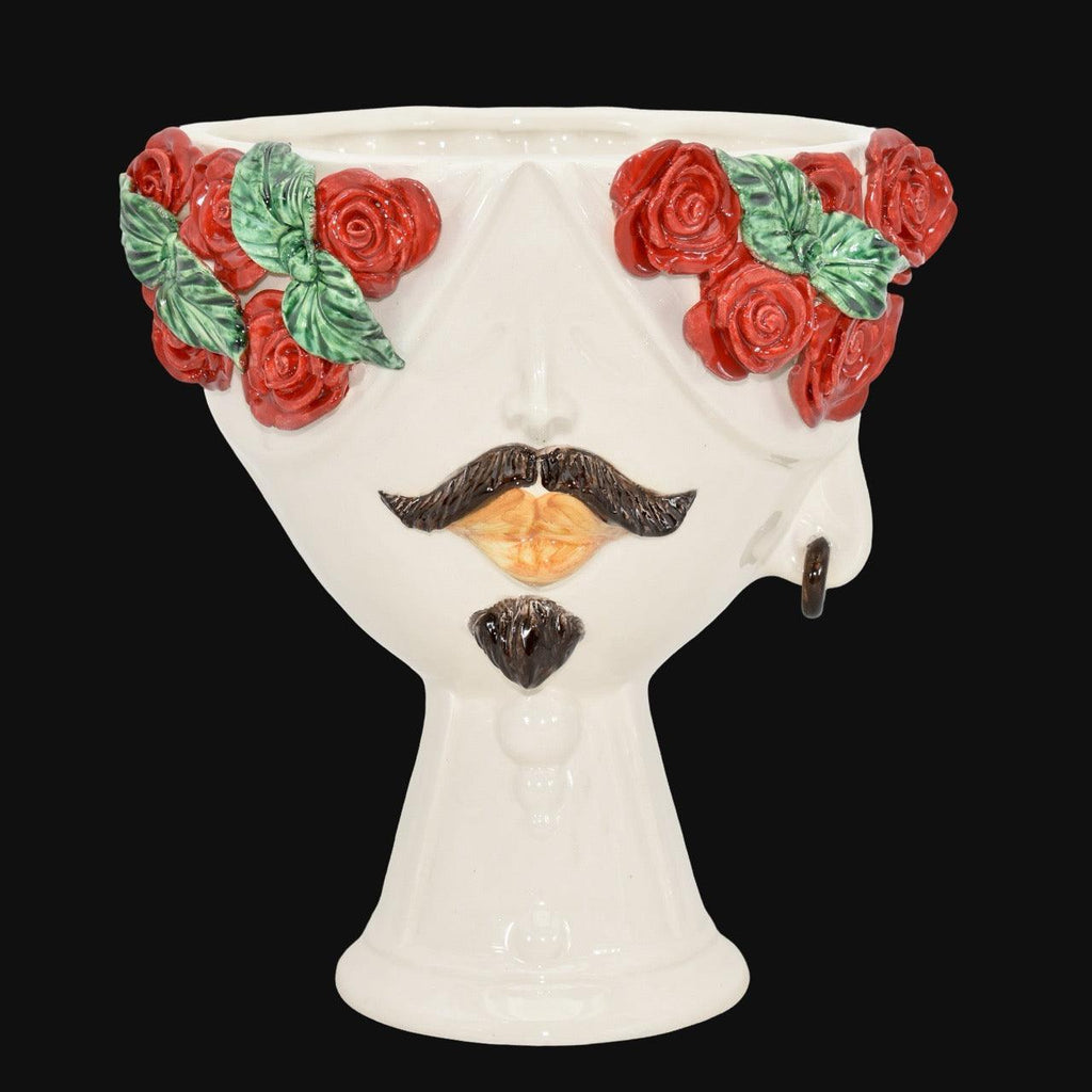 Handcrafted Teste di Moro vase with red roses, mustache, and goatee, blending tradition and modern design.