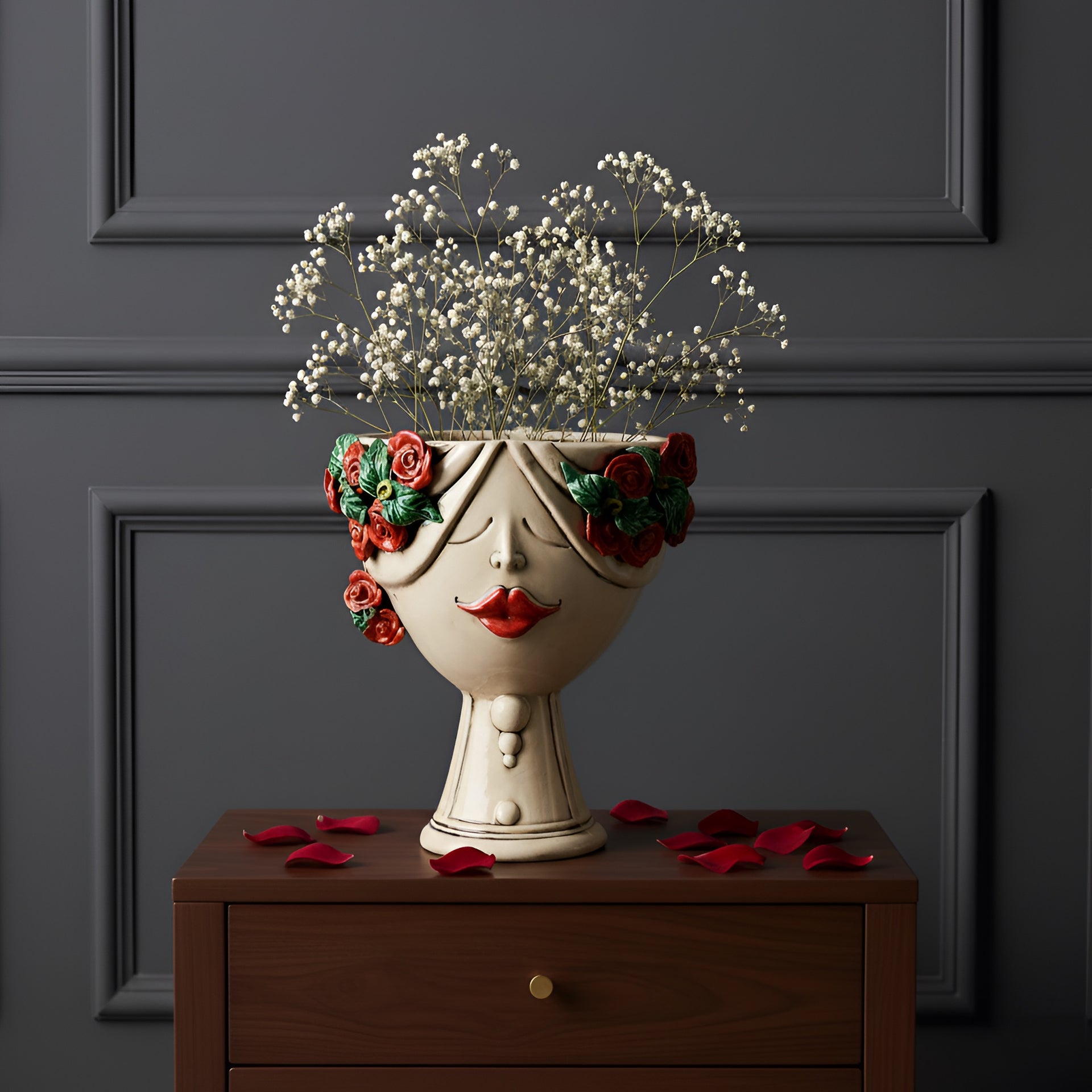 Handmade ceramic Testa di Moro female vase with red roses on wooden table