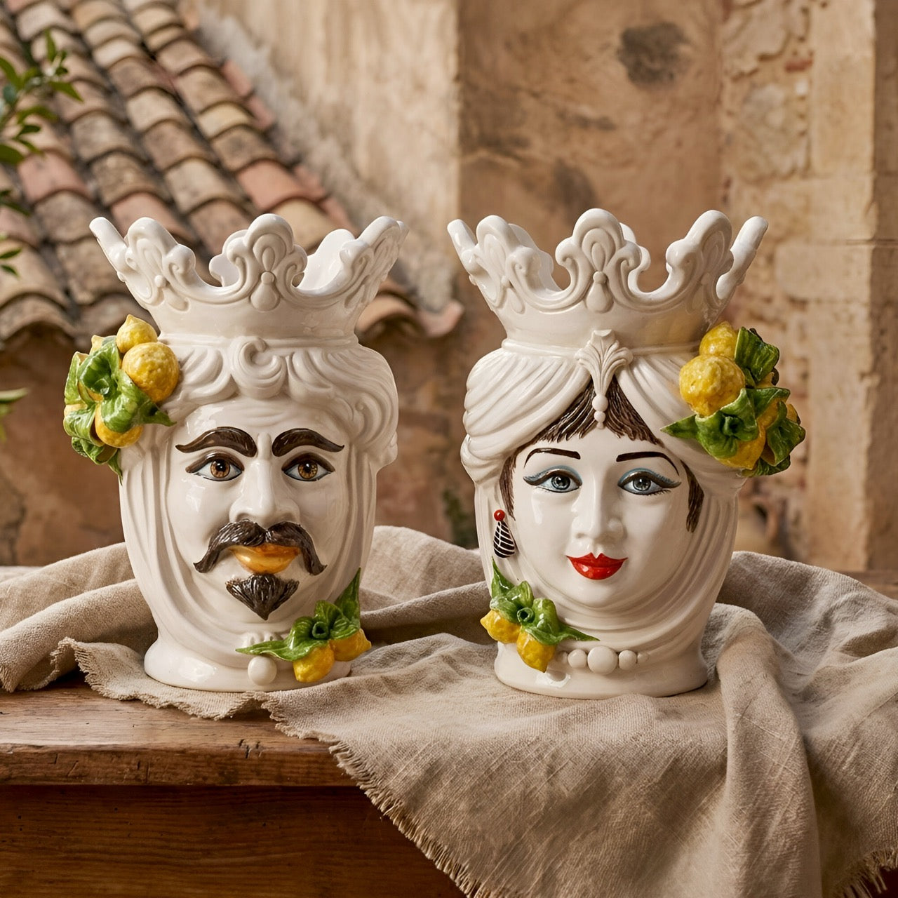 Handmade Teste di Moro ceramic faces with crowns and lemons, traditional Sicilian decor