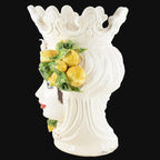 White ceramic Testa di Moro vase with lemon & leaf decor, handcrafted Sicilian design