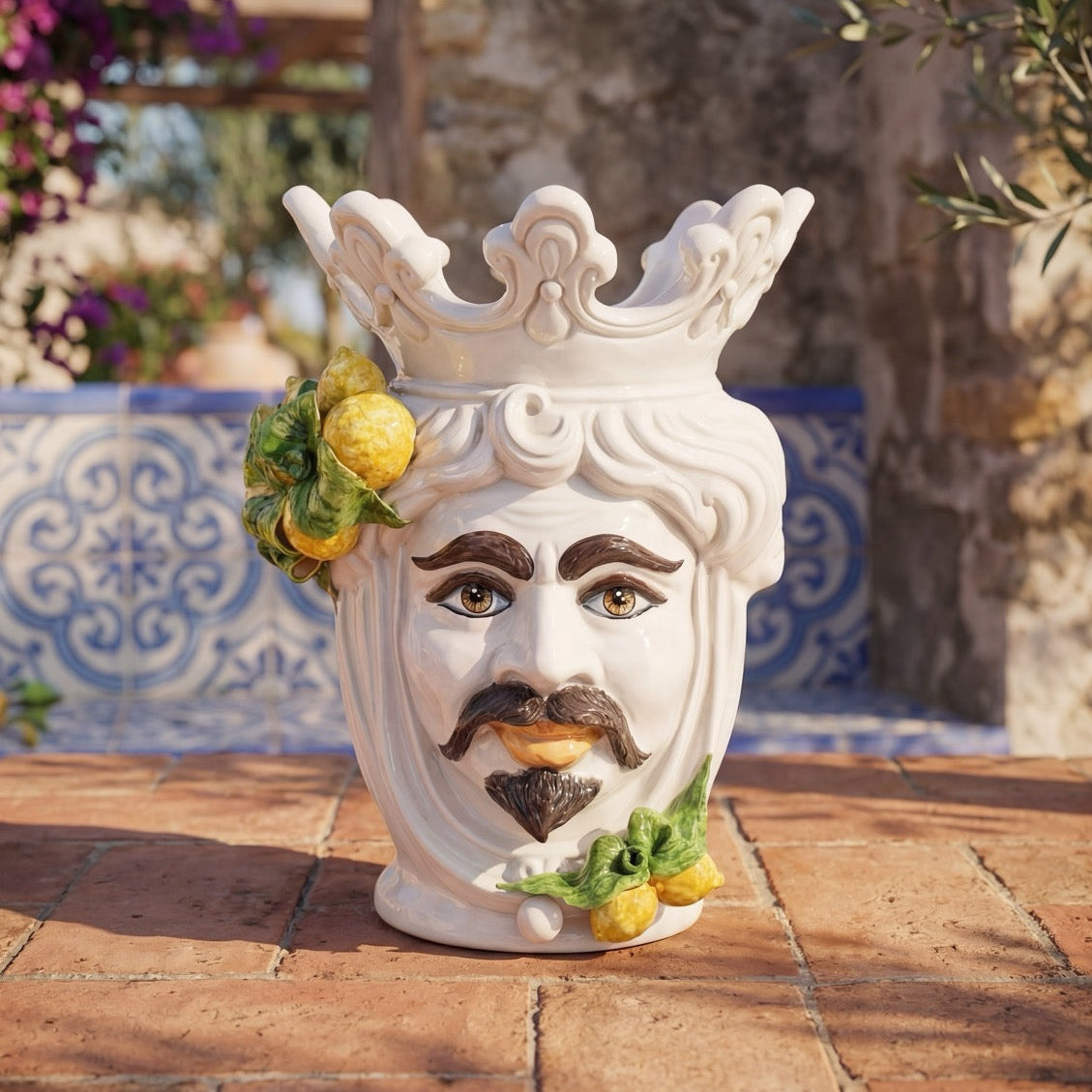 Handcrafted Teste di Moro ceramic vase with crown, lemons, and intricate detailing for modern decor