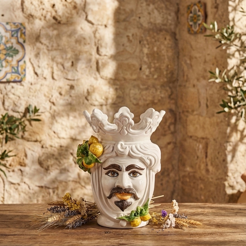 Handcrafted Teste di Moro ceramic vase with crown, lemons, and mustache, set on rustic wood against stone wall