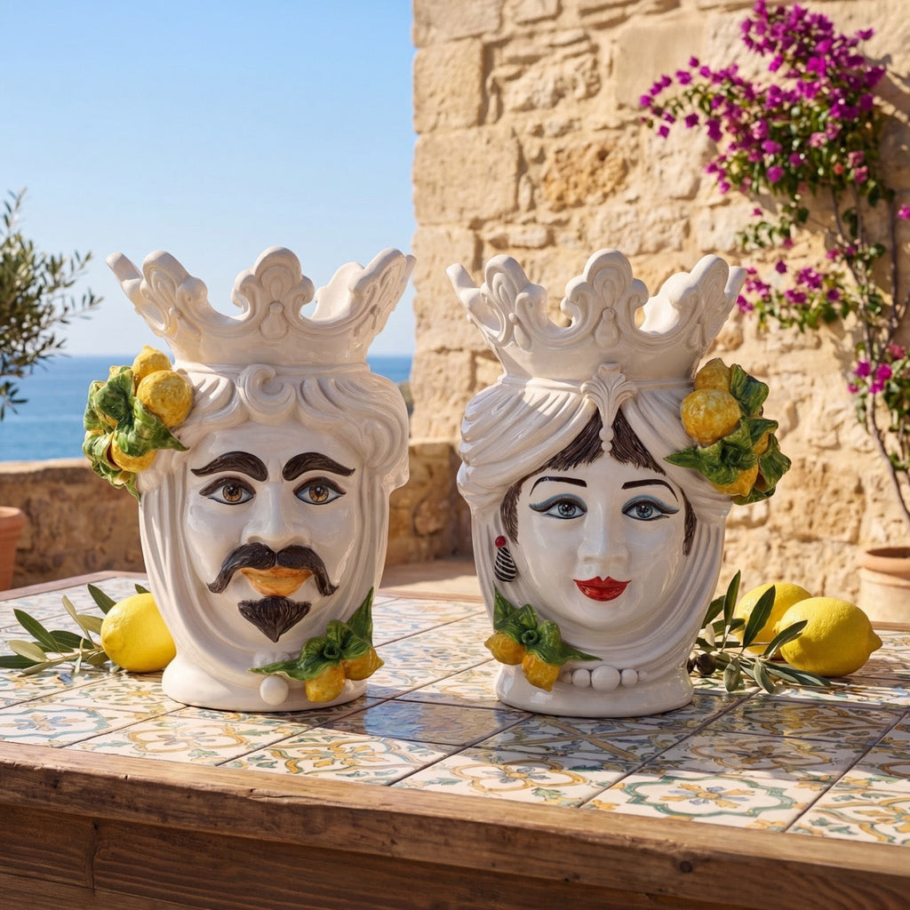 Handcrafted Teste di Moro ceramic faces with lemon accents, set on tiled table against coastal stone wall