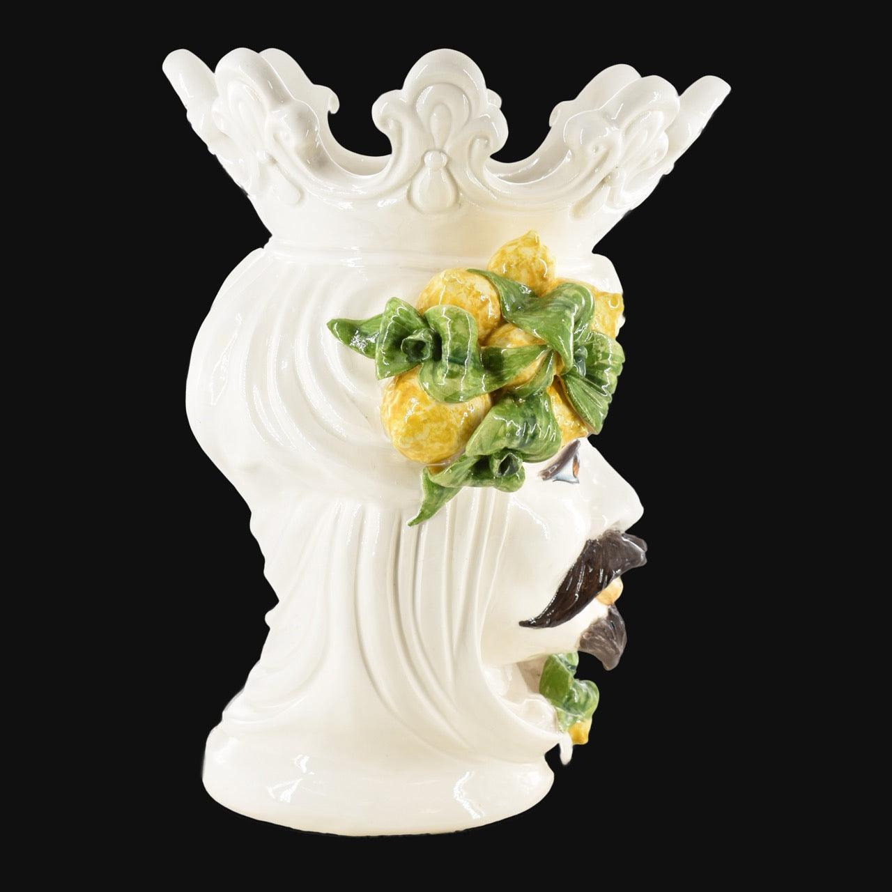 White ceramic Testa di Moro with lemon and leaf details, handmade Sicilian decor