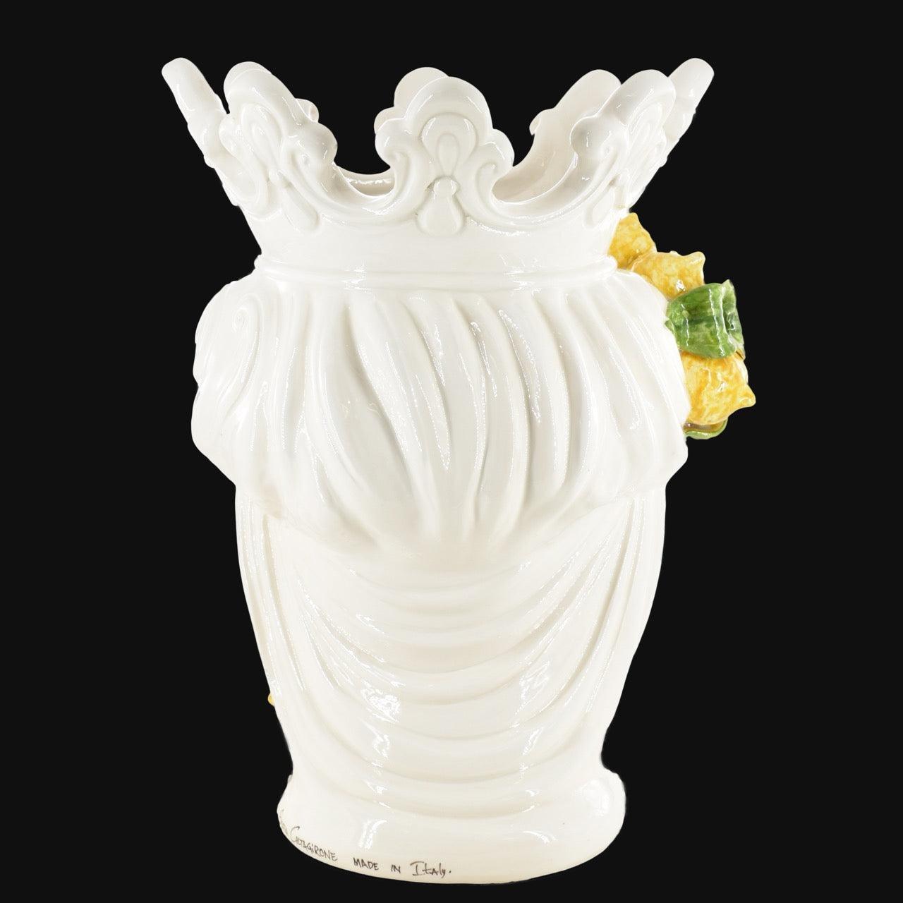 White ceramic Testa di Moro vase with crown and lemon detail, handmade Italian decor
