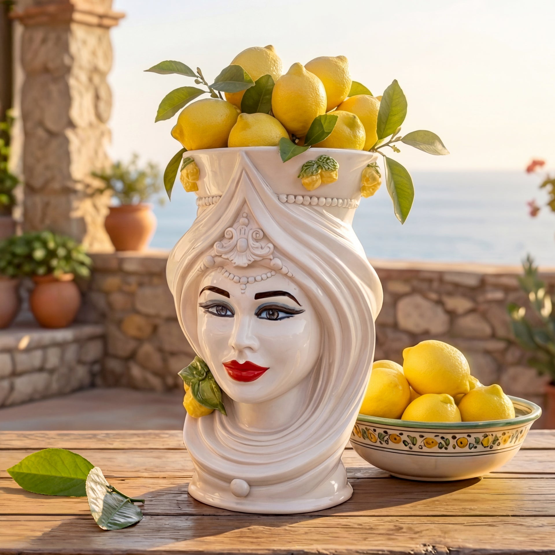 Handcrafted Teste di Moro vase with lemons, blending Sicilian tradition and modern design for home decor
