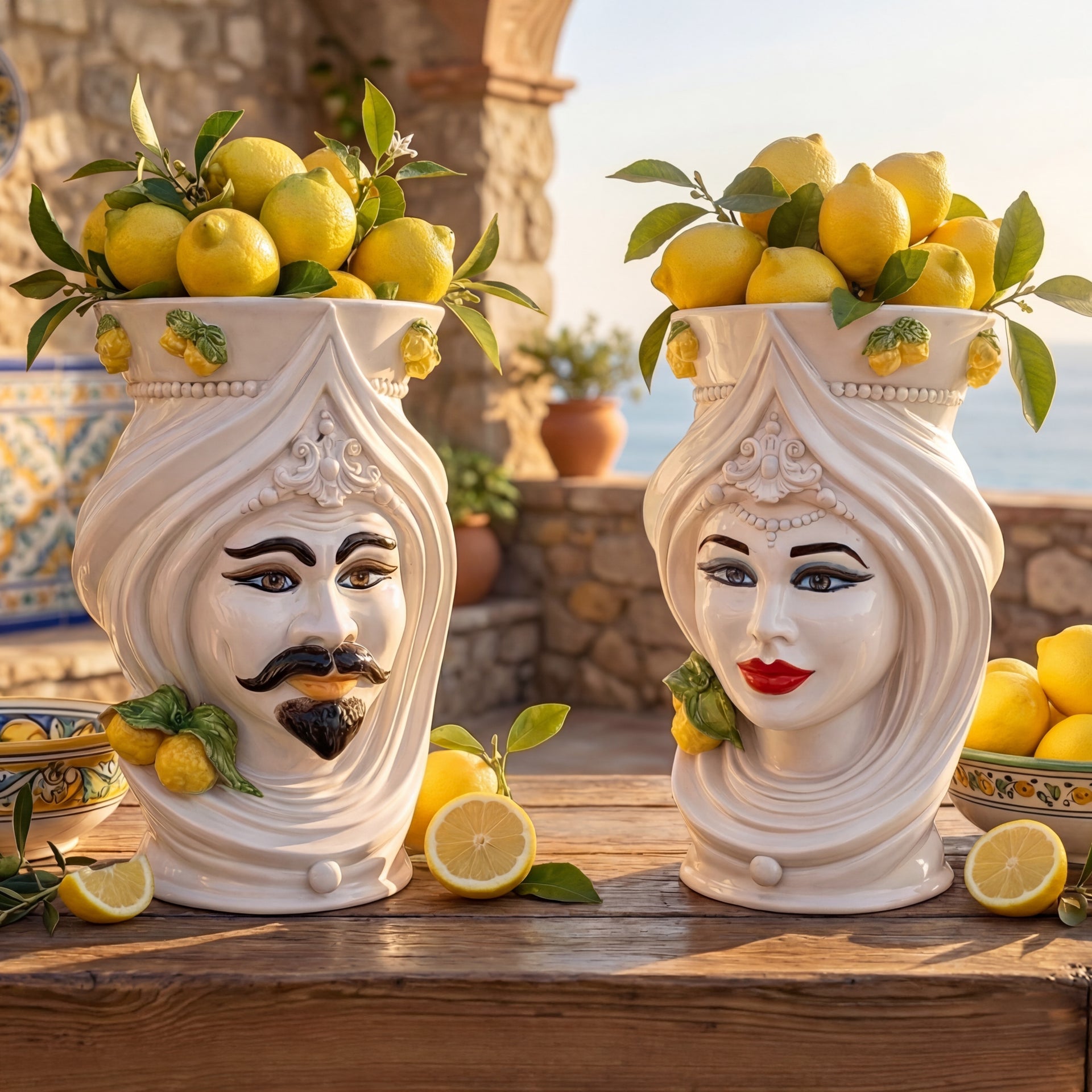 Handcrafted Teste di Moro ceramic vases with lemons, blending Sicilian tradition and modern design for home decor.