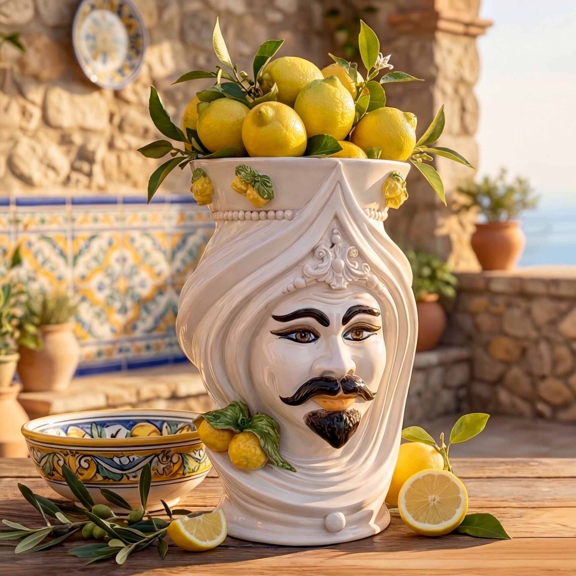 Handmade Teste di Moro vase with lemons, featuring traditional Sicilian design and modern decor appeal