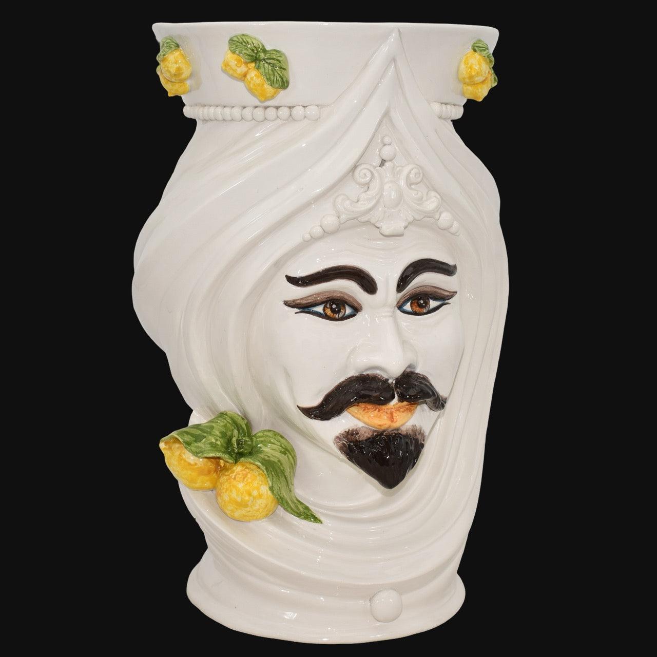 Handmade Teste di Moro vase with lemon accents, white ceramic face with turban, traditional Sicilian decor