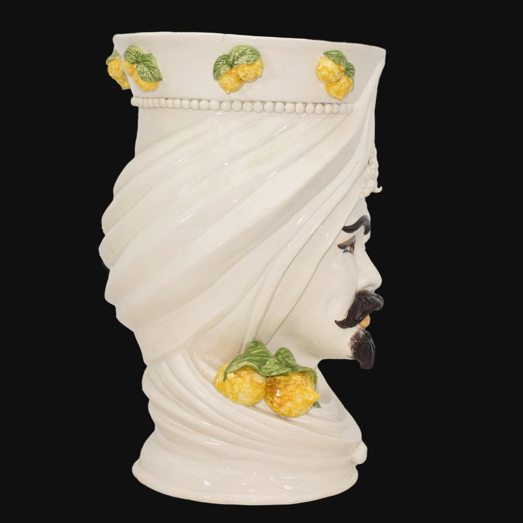 Handcrafted Teste di Moro vase with lemon motifs, white ceramic, traditional Sicilian design
