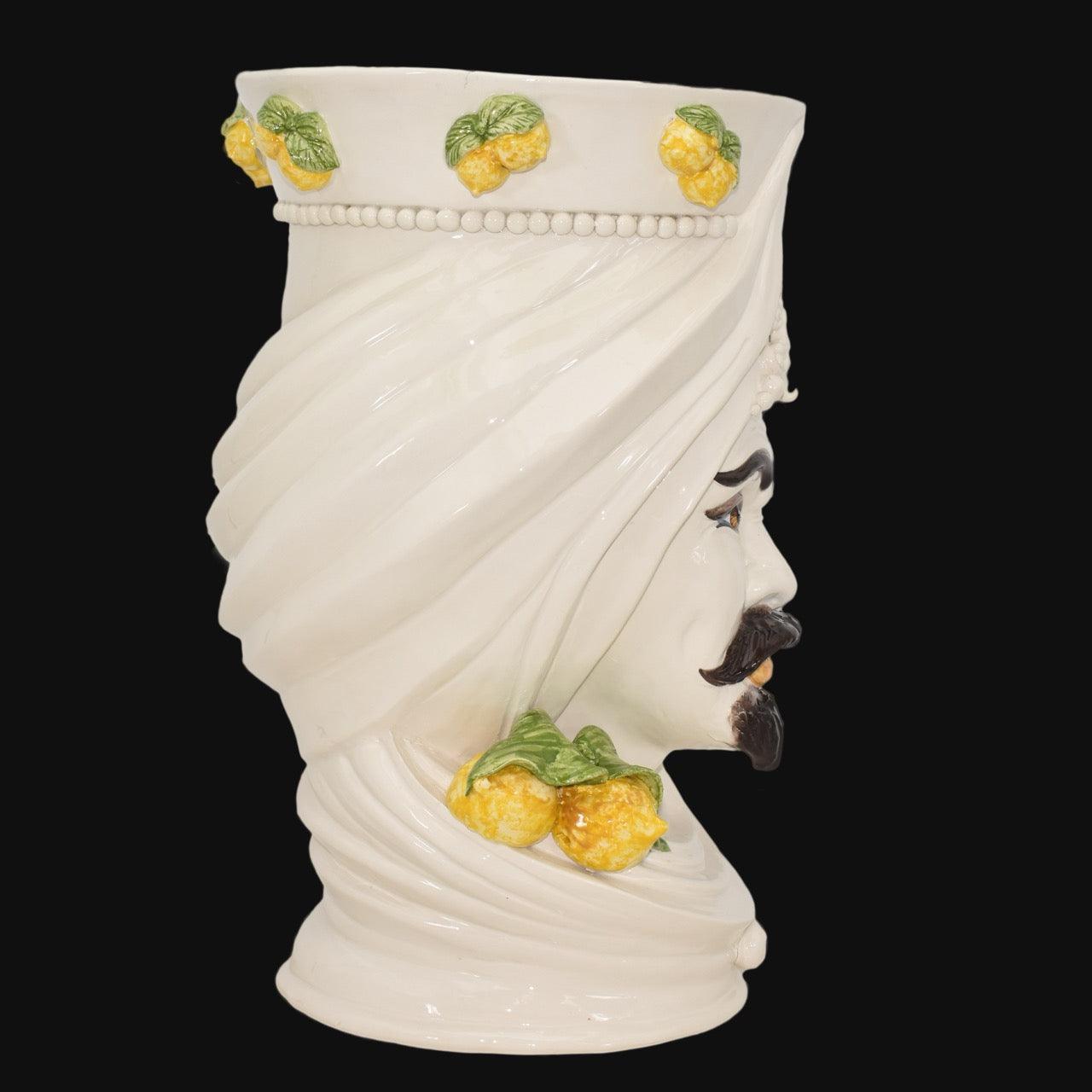 Handcrafted Teste di Moro vase with lemon motifs, white ceramic, traditional Sicilian design