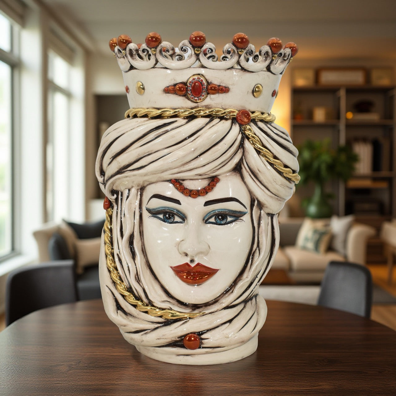 Handmade Teste di Moro ceramic vase with crown, gold accents, and vibrant blue eyes, perfect for modern home decor.