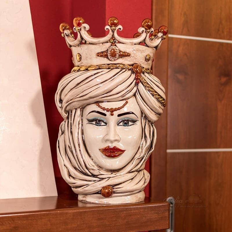Handmade Moorish head sculpture with crown, ceramic art for home decor, traditional Sicilian design