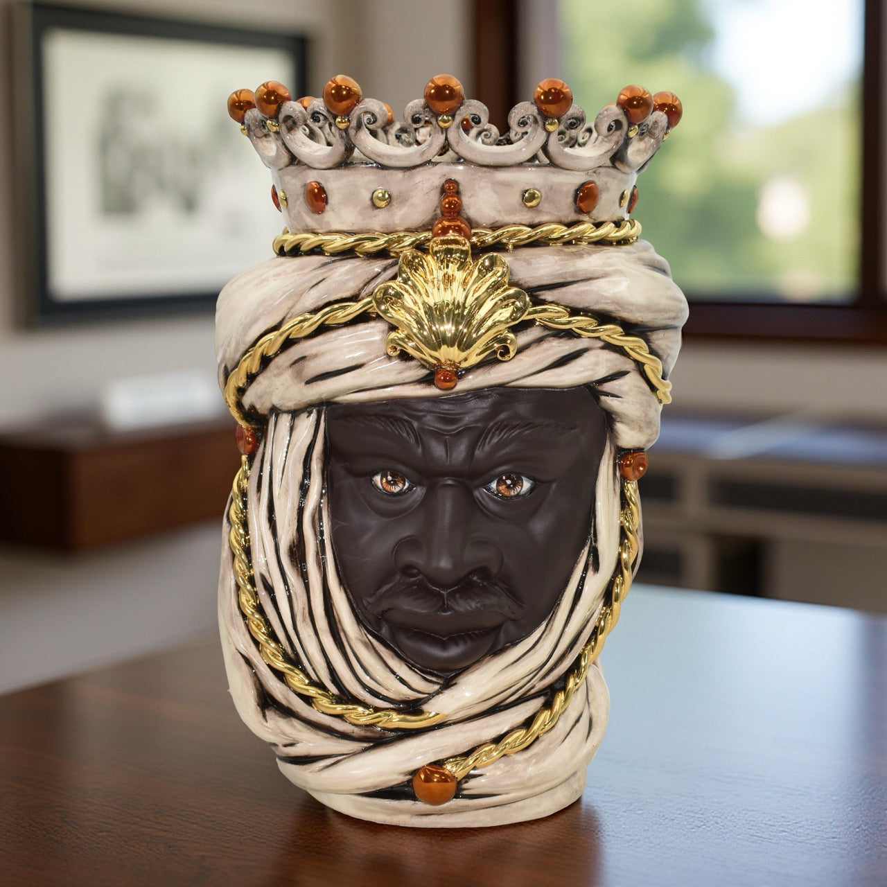 Handmade Teste di Moro ceramic vase with crown and turban, traditional Sicilian decor