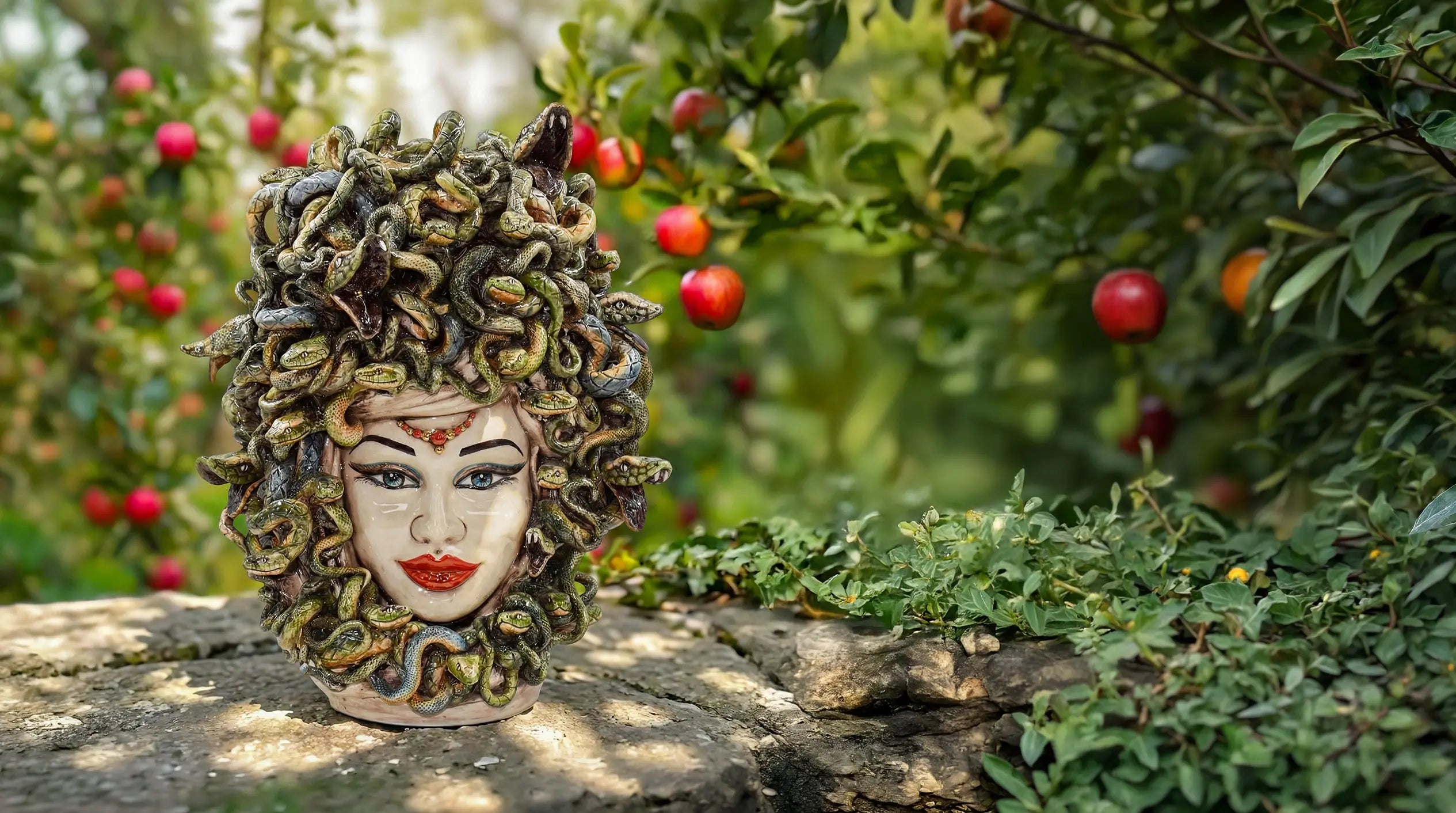 Handcrafted Medusa head sculpture with snake hair, displayed outdoors on stone, blending tradition and modern design.
