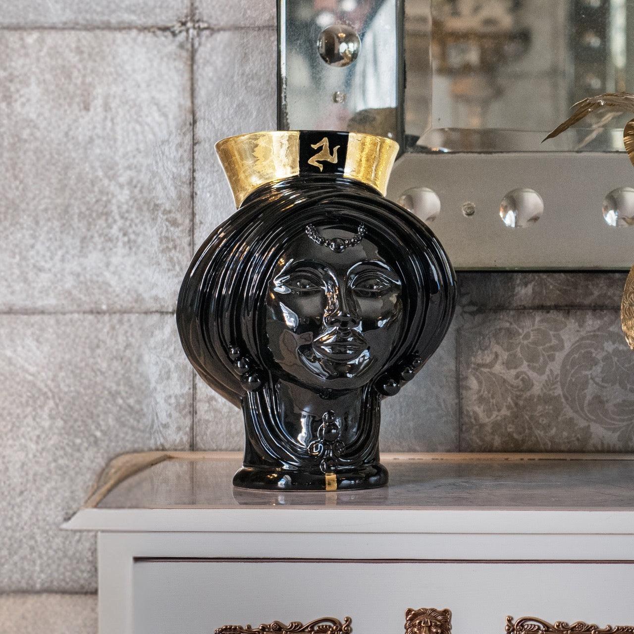 Black and gold Teste di Moro vase with ornate face design, handcrafted Sicilian decor piece