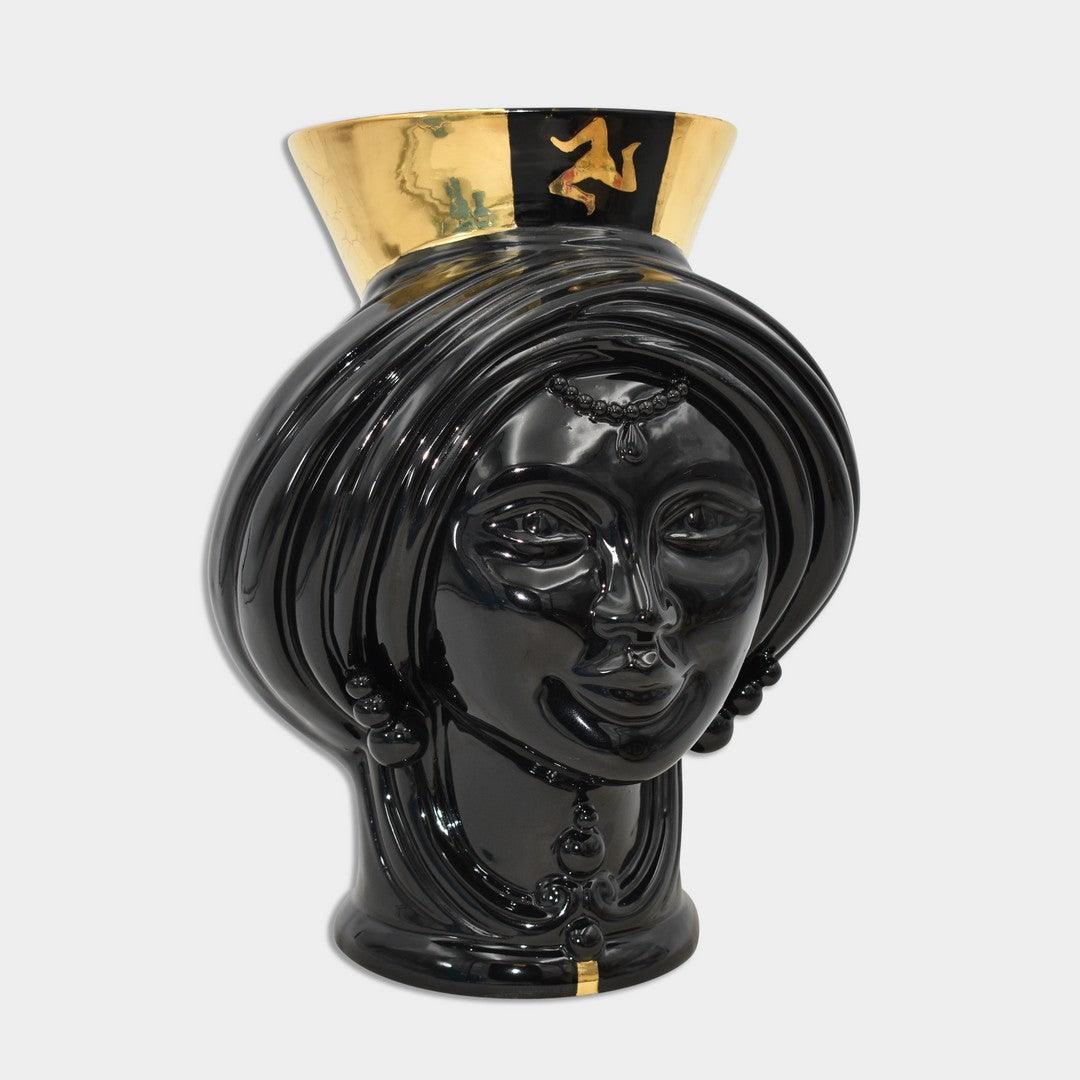 Black ceramic Testa di Moro vase with gold accents, handcrafted Sicilian decor for modern interiors