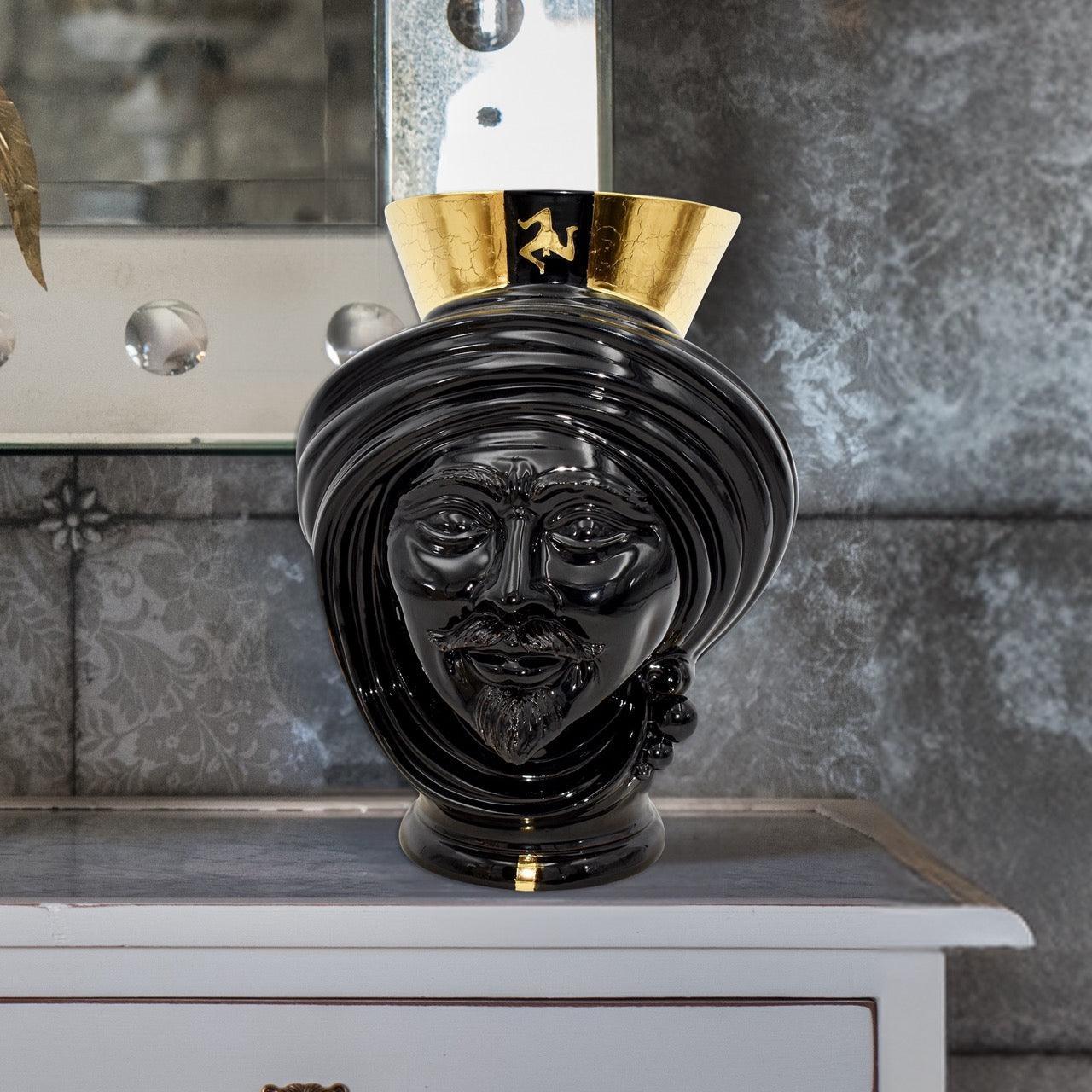 Black and gold Testa di Moro vase with turban, handcrafted ceramic decor for modern interiors