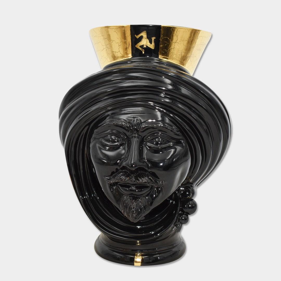 Black ceramic Testa di Moro vase with gold accents, handmade Sicilian decorative art for modern interiors