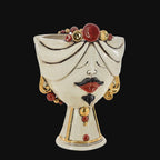 Handcrafted Teste di Moro ceramic vase with ornate turban, red lips, gold accents, and beaded details