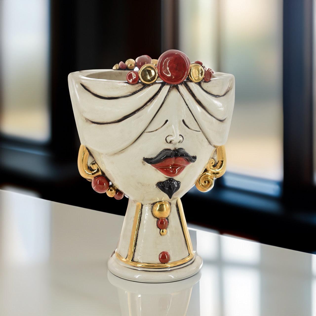 Handcrafted Teste di Moro ceramic vase with ornate turban, red lips, and gold accents, blending tradition and modern design.