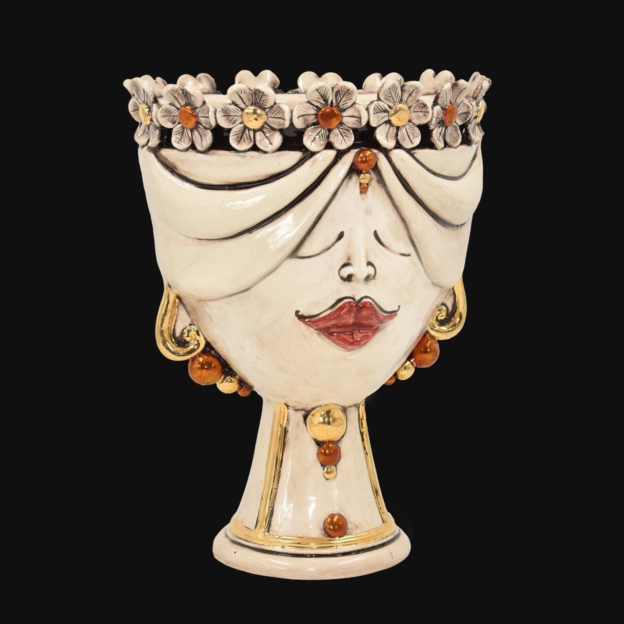 Handmade Teste di Moro ceramic vase with floral crown, gold accents, and red lips, blending tradition and modern design.