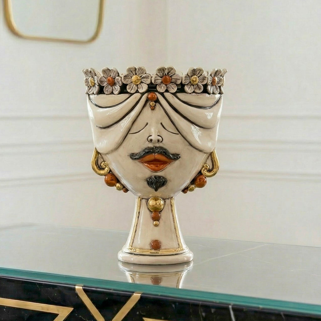 Handcrafted Teste di Moro ceramic vase with floral crown, mustache, and gold accents, perfect for modern home decor.