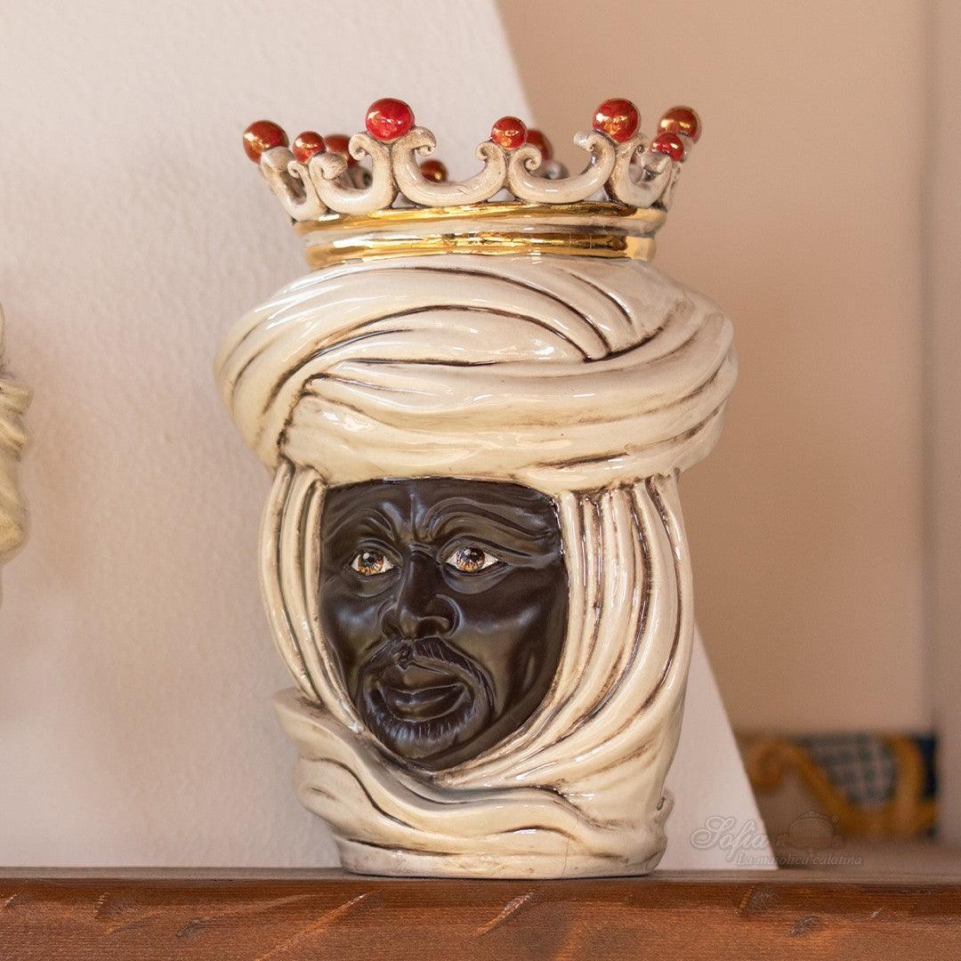 Handcrafted Teste di Moro ceramic vase with crown, traditional Sicilian design for home decor