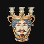 Handmade Teste di Moro ceramic face vase with three candle holders, blue and orange glaze, traditional Sicilian design