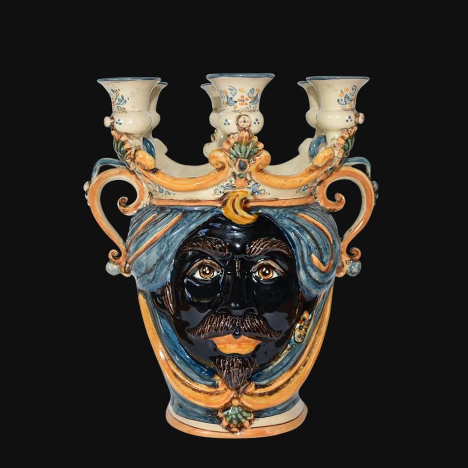 testa-h-25-a-candeliere-blu-e-arancio-maschio-moro-ceramiche-di-caltagirone-sofia-1 - Moorish Head