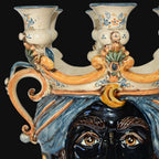 Handcrafted Teste di Moro ceramic candle holder with ornate blue and gold details, traditional Sicilian design