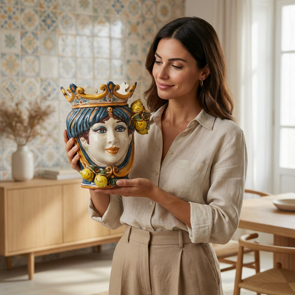 Woman holding a handcrafted Teste di Moro ceramic vase with crown and lemons, showcasing Sicilian artistry.