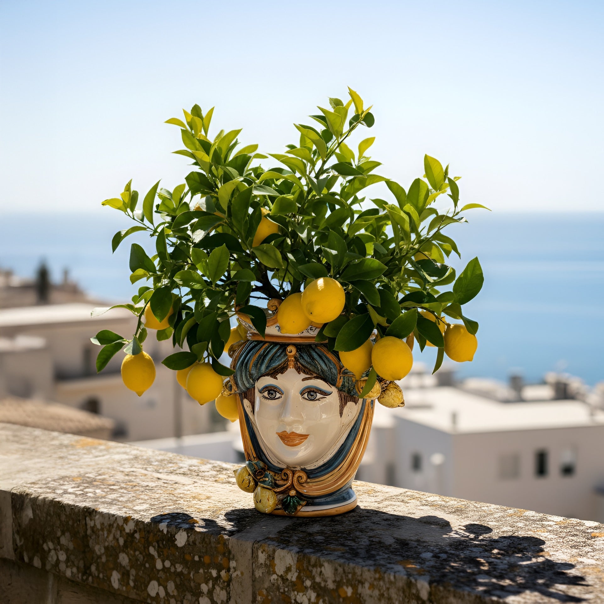 Handmade Teste di Moro planter with lemon tree, coastal Mediterranean decor