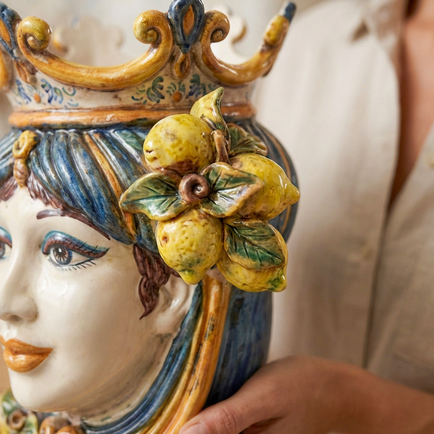 Handcrafted Teste di Moro ceramic vase with lemon motif, blending Sicilian tradition and modern design.