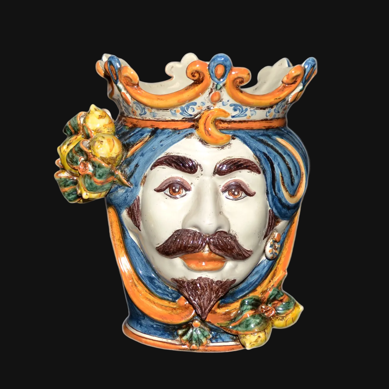 Handcrafted Teste di Moro ceramic vase with crown, blue hair, and lemon accents, blending tradition and modern design.