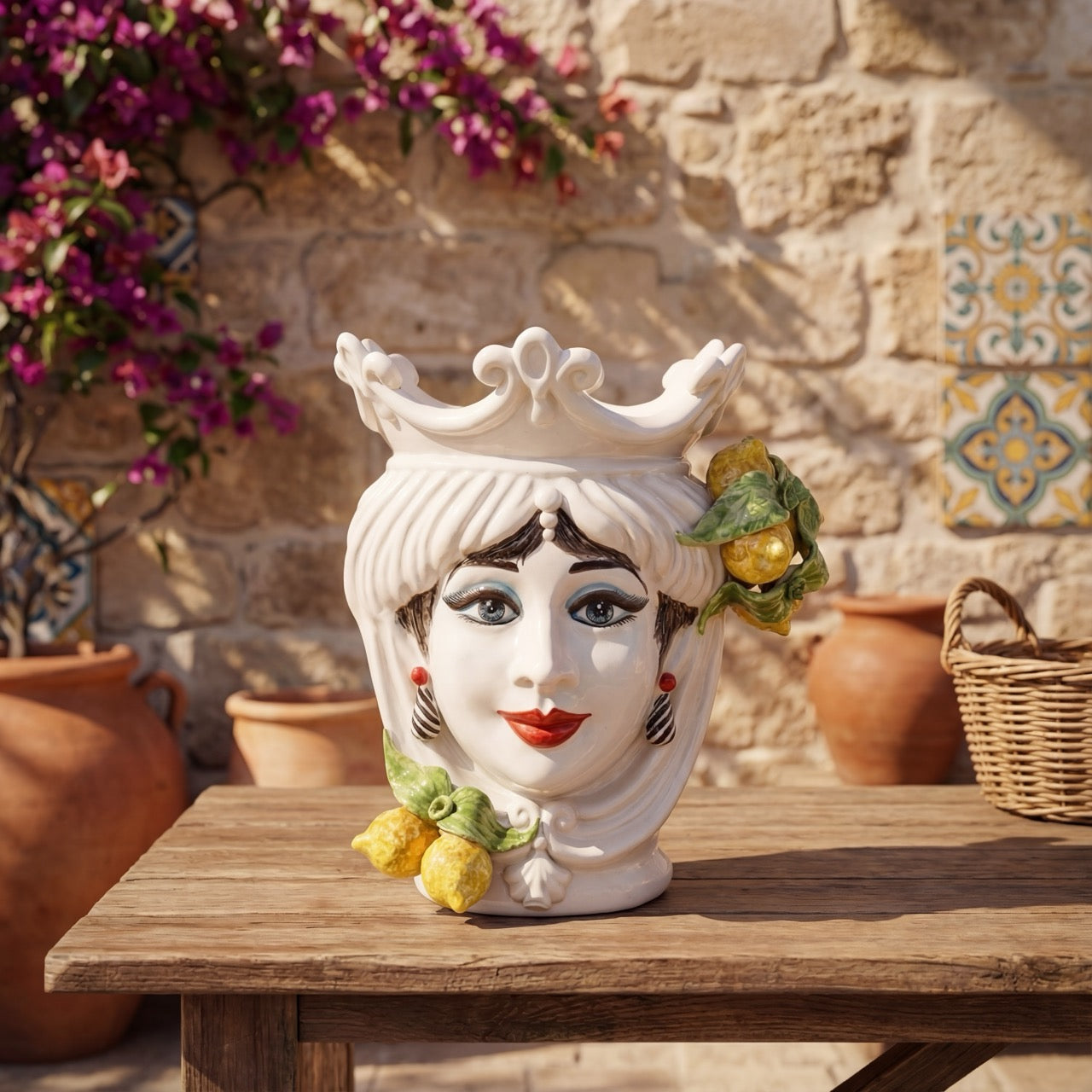 Handmade Testa di Moro ceramic vase with lemon accents, crown, and traditional Sicilian design on rustic table