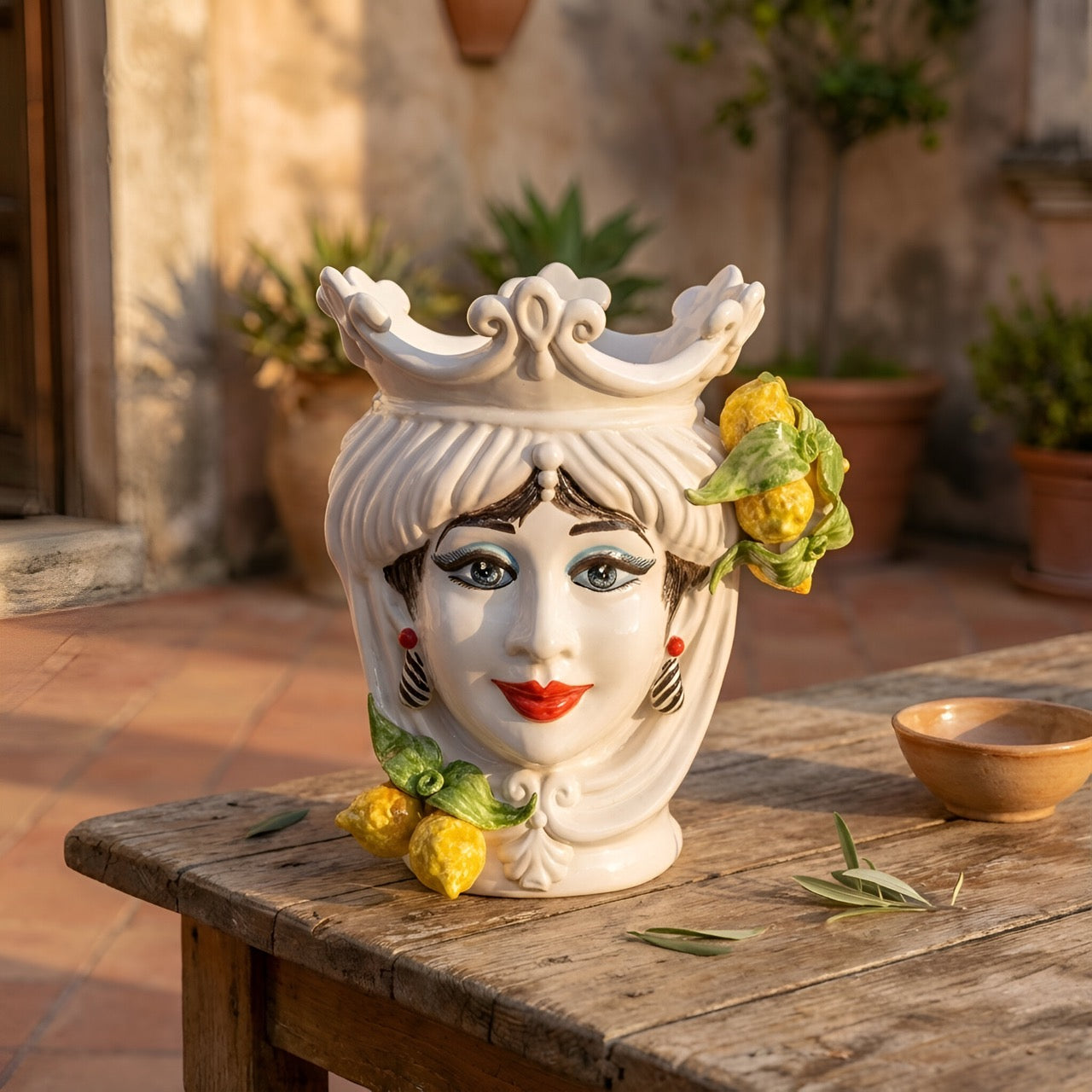 Handmade Teste di Moro ceramic vase with crown, lemons, and olive leaves, perfect for Mediterranean decor