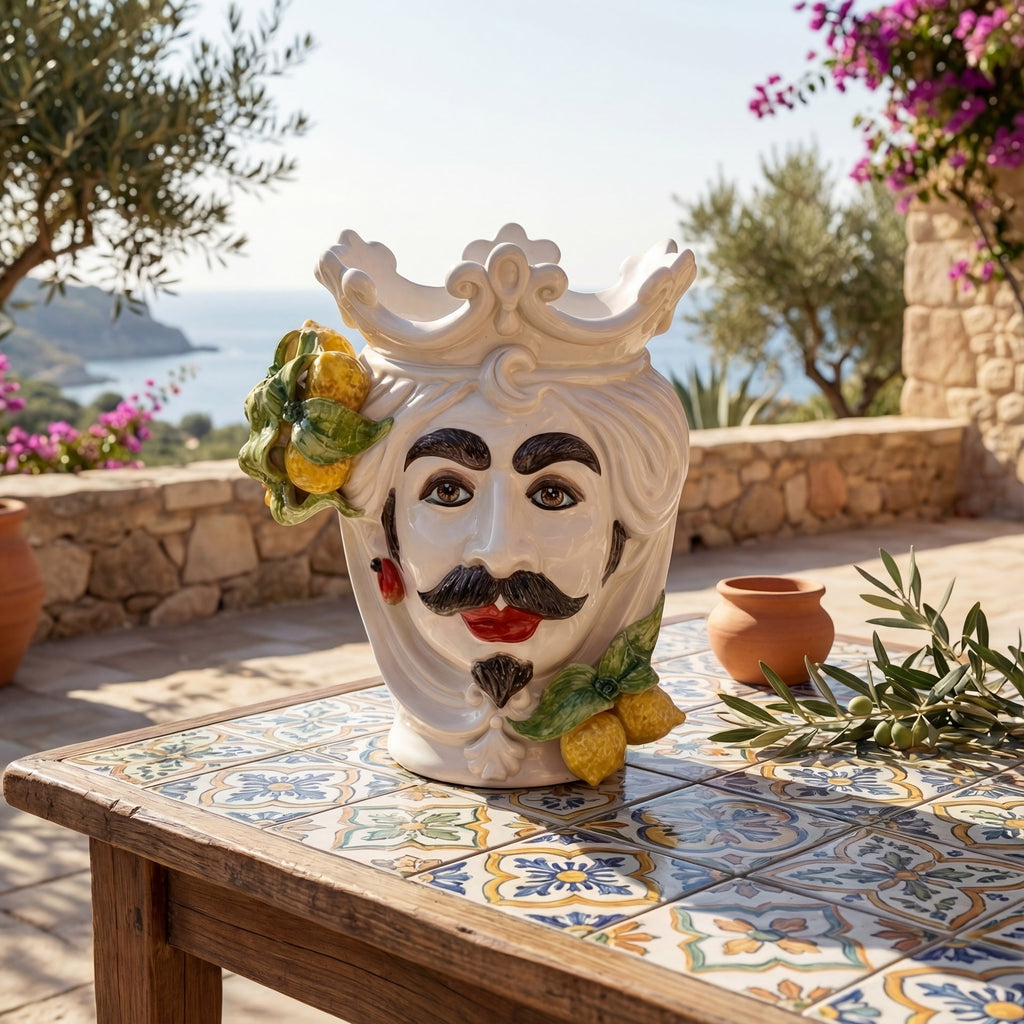 Handcrafted Teste di Moro ceramic vase with lemons, set on a tiled table overlooking the sea.