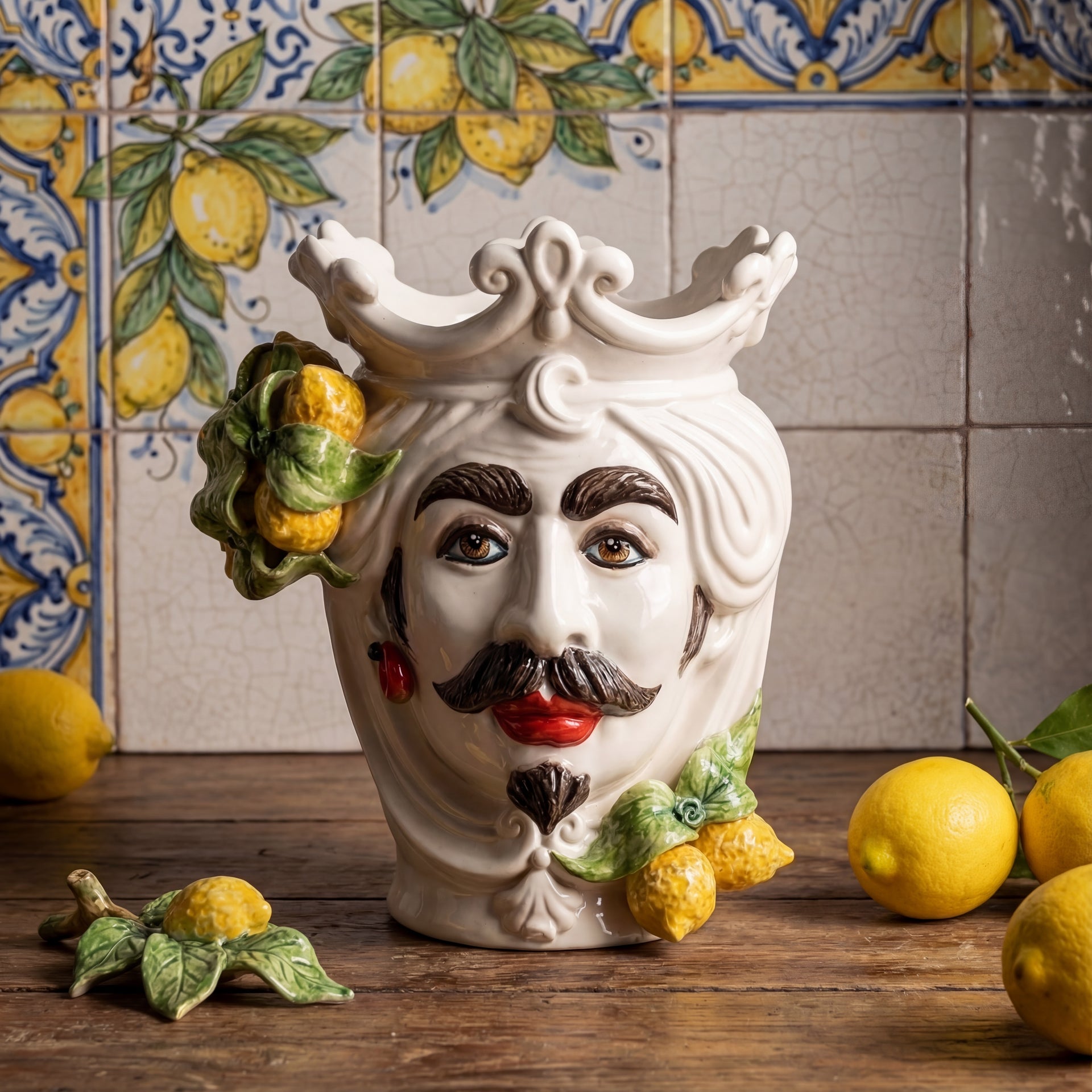 Handcrafted Teste di Moro vase with lemon accents, blending tradition and modern design for home decor.