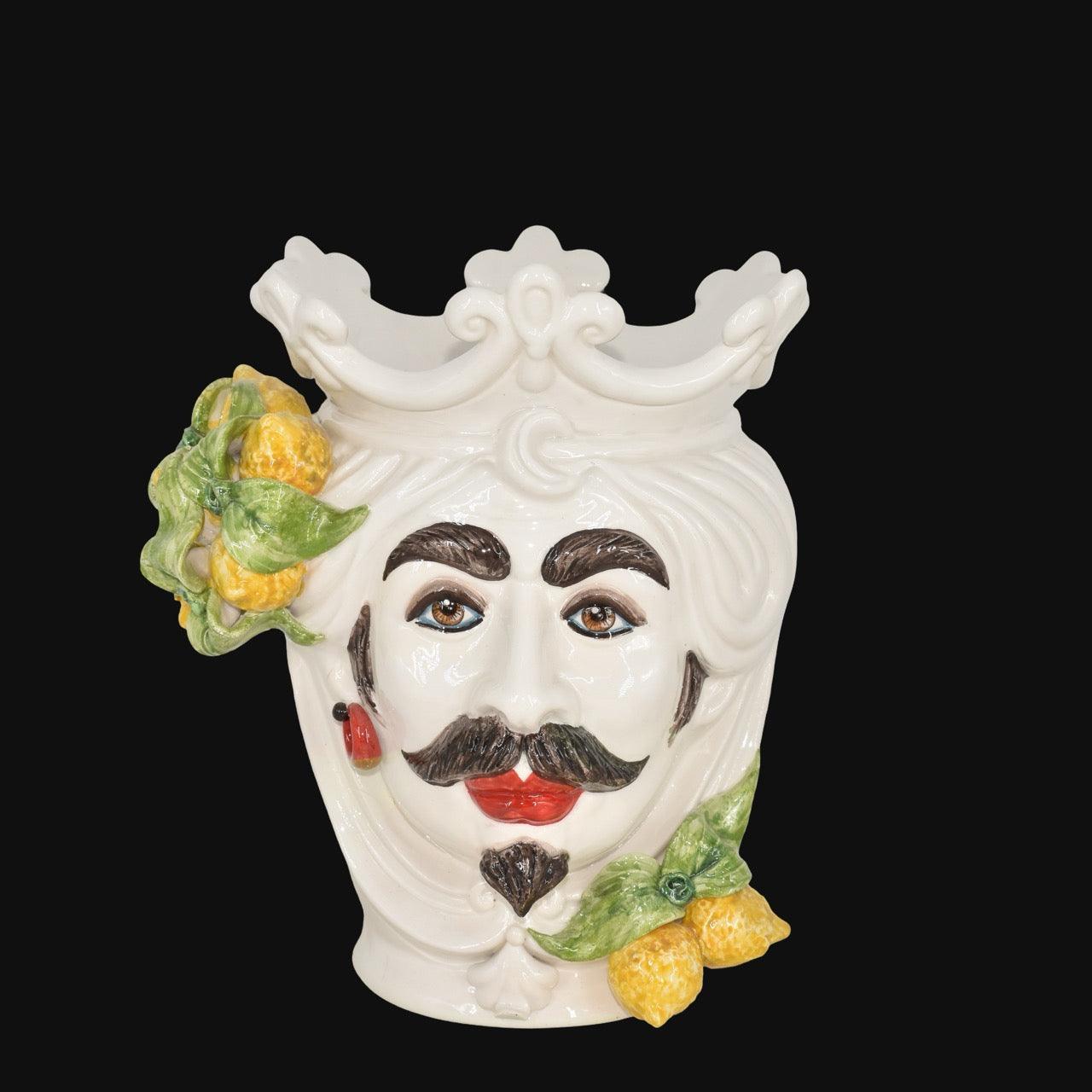 Handmade Teste di Moro vase with mustache, lemons, and crown, blending Sicilian tradition with modern design.